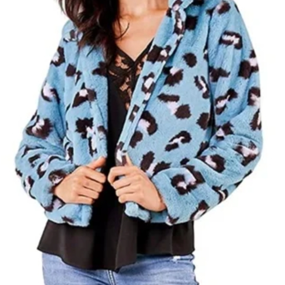 Sugarlips Blue Leopard Print Teddy Jacket with Hood